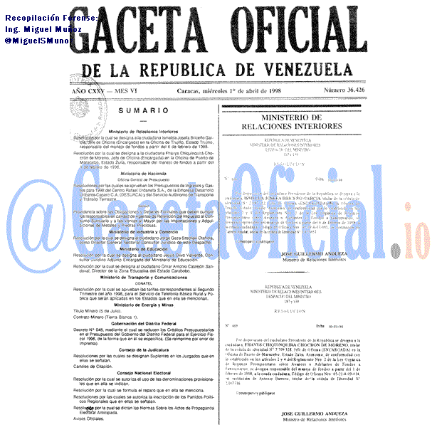 Gaceta Oficial 36426 del 1 Abril 1998