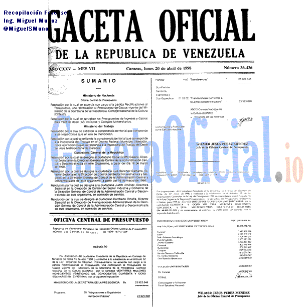 Gaceta Oficial 36436 del 20 Abril 1998