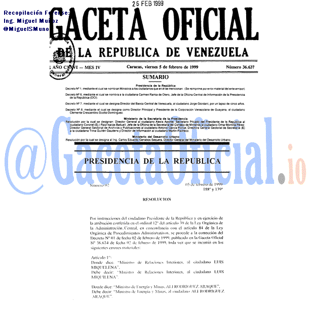 Gaceta Oficial 36637 del 5 Febrero 1999