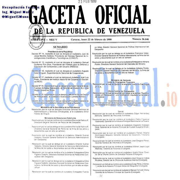 Gaceta Oficial 36646 del 22 Febrero 1999
