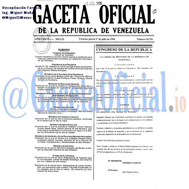 Gaceta Oficial 36734 del 1 Julio 1999