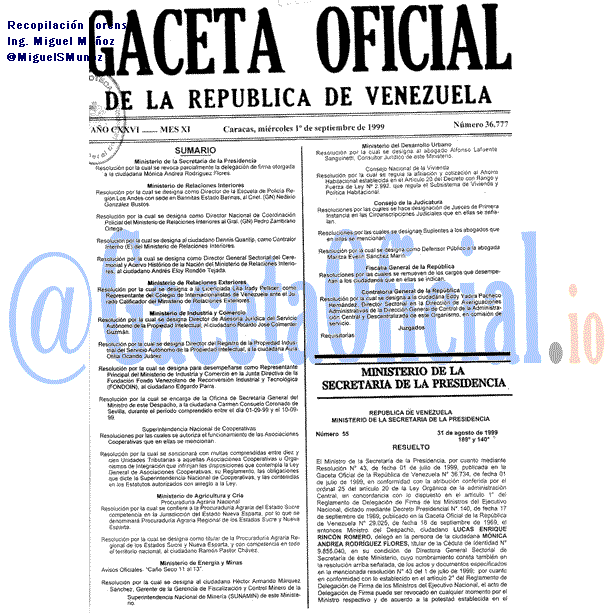 Gaceta Oficial 36777 del 1 Septiembre 1999