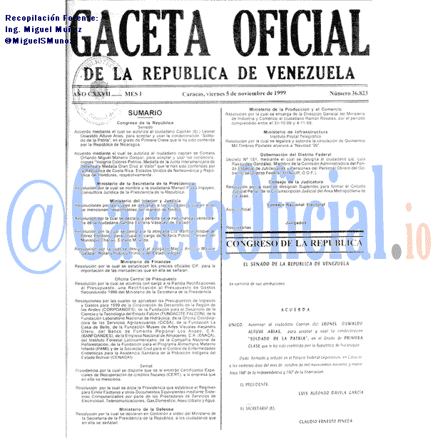 Gaceta Oficial 36823 del 5 Noviembre 1999