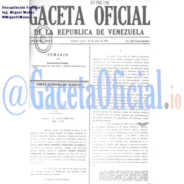 Gaceta Oficial 4285 del 18 Julio 1991
