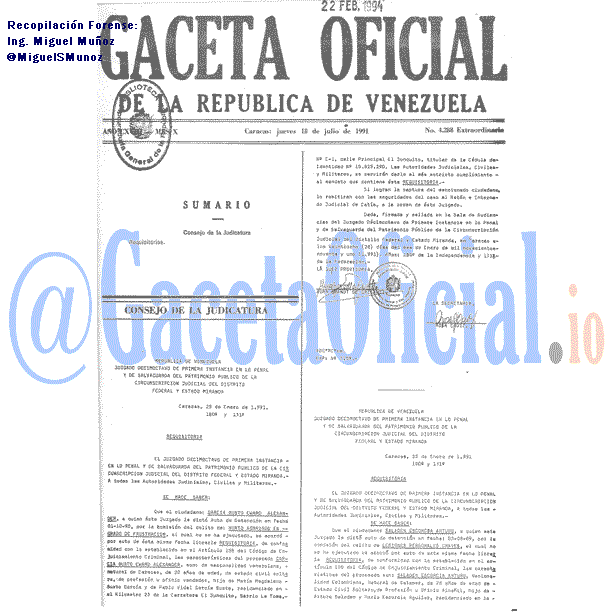 Gaceta Oficial 4288 del 18 Julio 1991