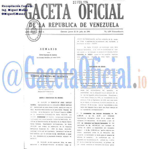 Gaceta Oficial 4291 del 25 Julio 1991