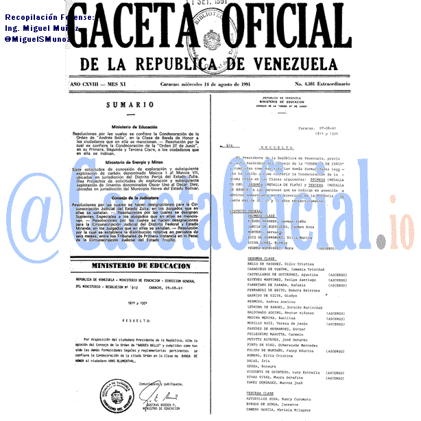 Gaceta Oficial 4301 del 14 Agosto 1991