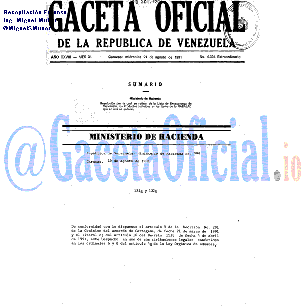 Gaceta Oficial 4304 del 21 Agosto 1991