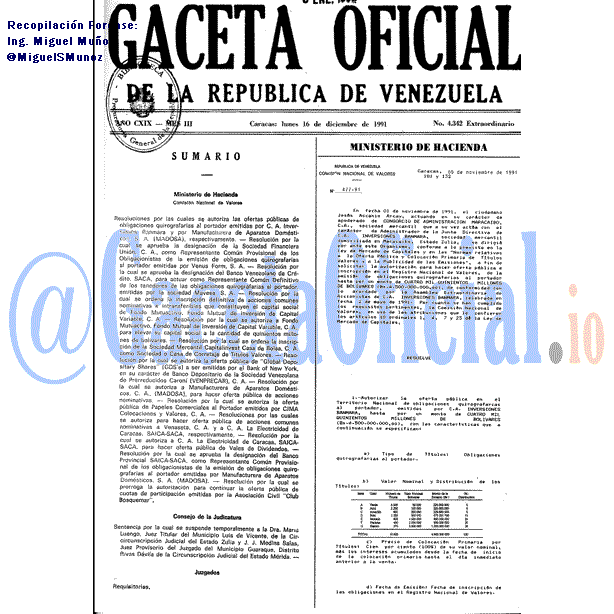 Gaceta Oficial 4342 del 16 Diciembre 1991