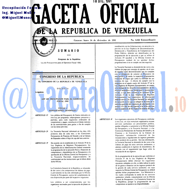 Gaceta Oficial 4343 del 16 Diciembre 1991