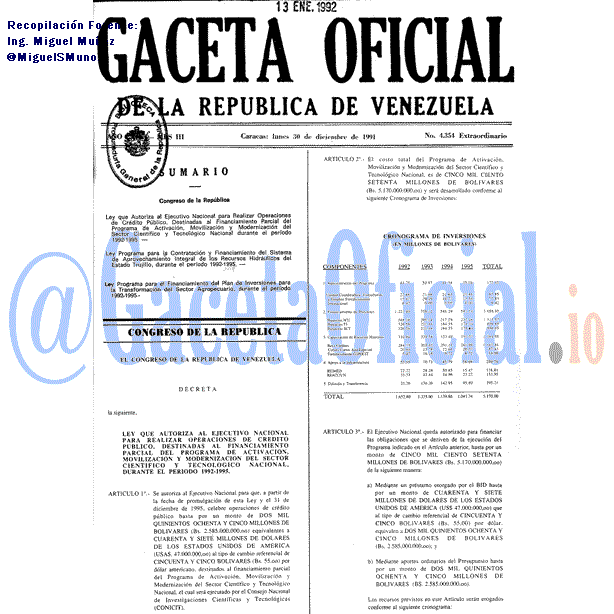Gaceta Oficial 4354 del 30 Diciembre 1991