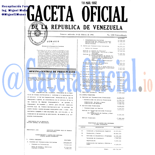 Gaceta Oficial 4384 del 19 Febrero 1992