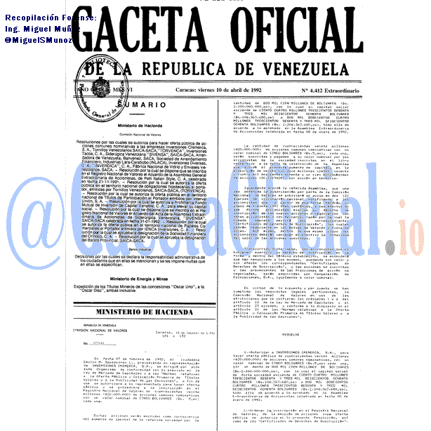 Gaceta Oficial 4412 del 10 Abril 1992