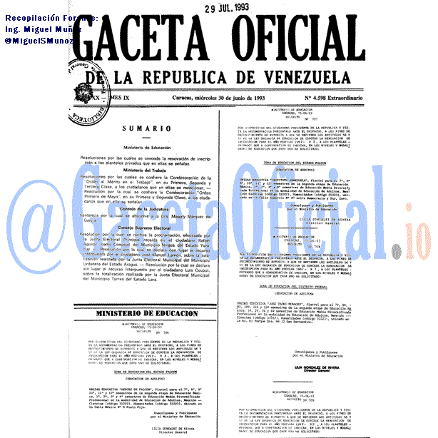 Gaceta Oficial 4598 del 30 Junio 1993