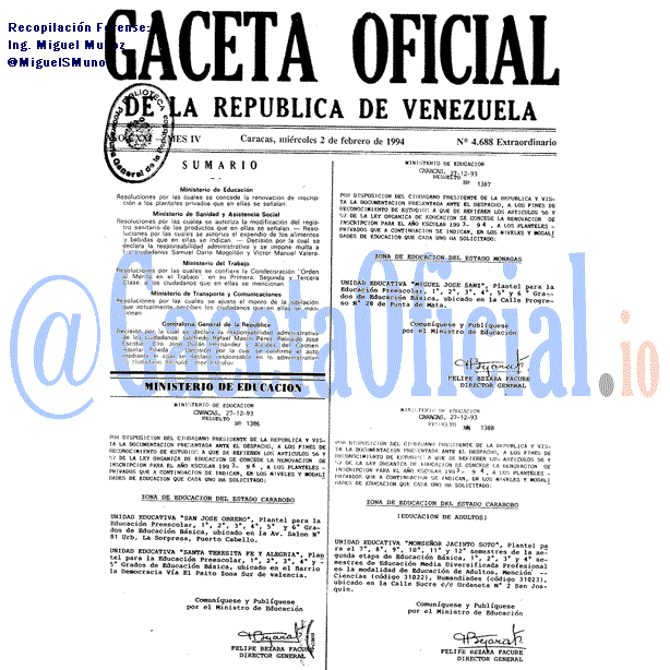 Gaceta Oficial 4688 del 2 Febrero 1994