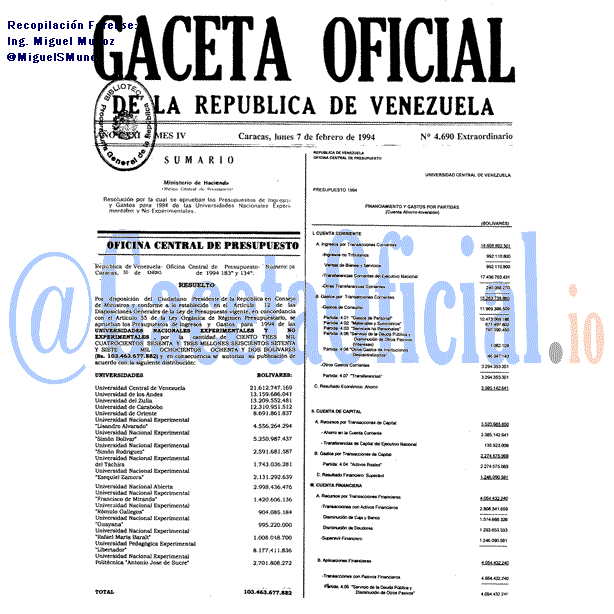 Gaceta Oficial 4690 del 7 Febrero 1994