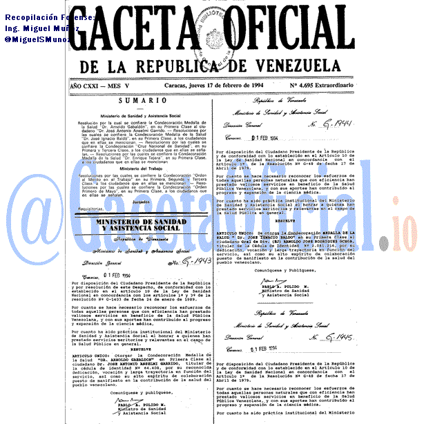 Gaceta Oficial 4695 del 17 Febrero 1994