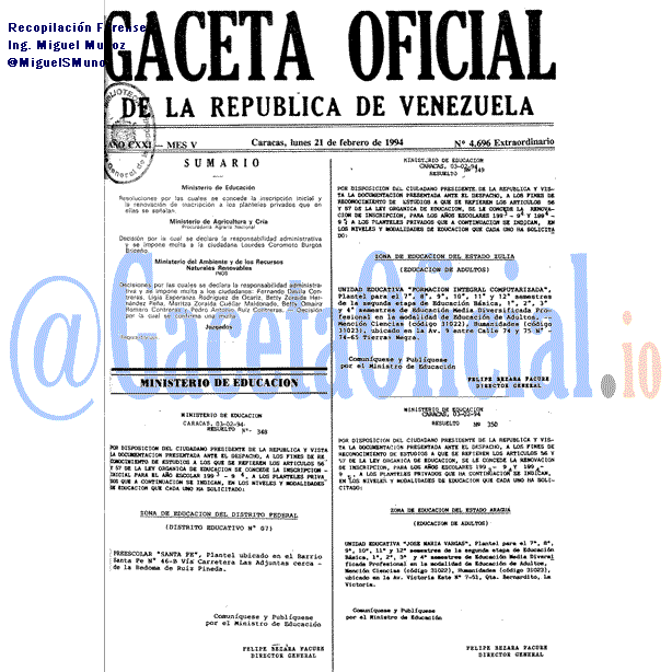 Gaceta Oficial 4696 del 21 Febrero 1994