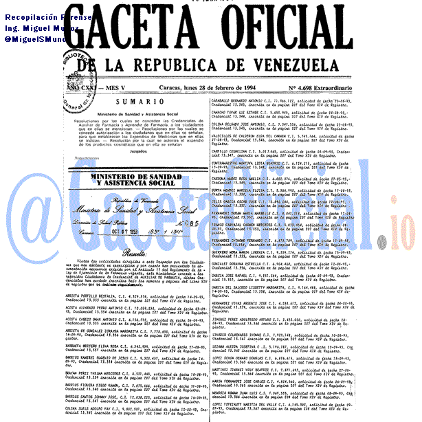 Gaceta Oficial 4698 del 28 Febrero 1994