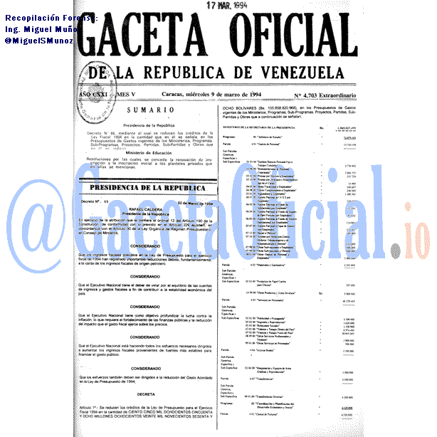 Gaceta Oficial 4703 del 9 Marzo 1994