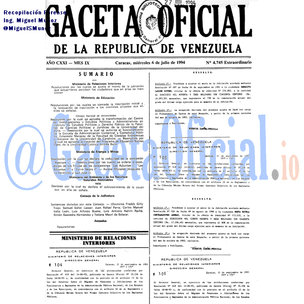 Gaceta Oficial 4745 del 6 Julio 1994