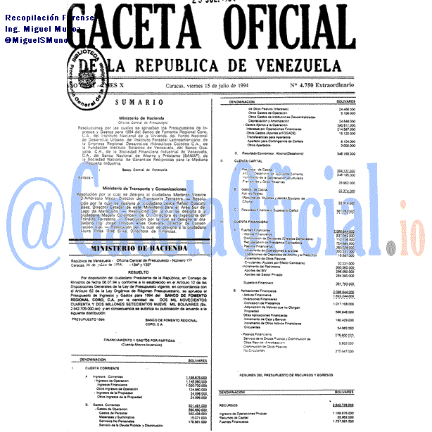 Gaceta Oficial 4750 del 15 Julio 1994