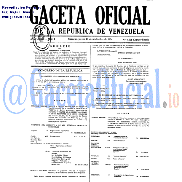 Gaceta Oficial 4805 del 10 Noviembre 1994
