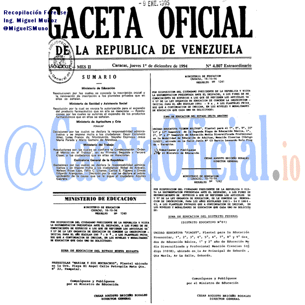 Gaceta Oficial 4807 del 1 Diciembre 1994