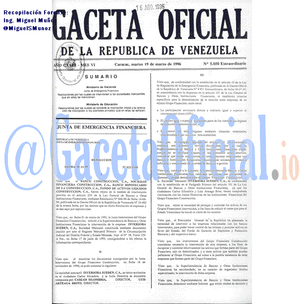 Gaceta Oficial 5050 del 19 Marzo 1996