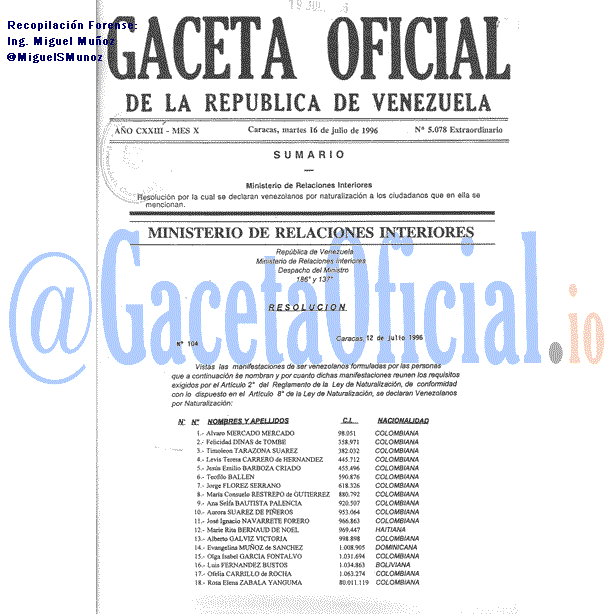 Gaceta Oficial 5078 del 16 Julio 1996