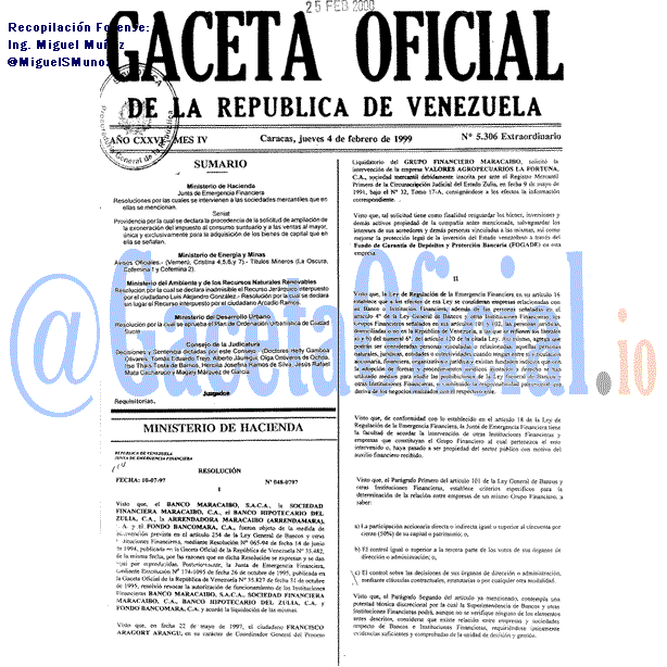 Gaceta Oficial 5306 del 4 Febrero 1999