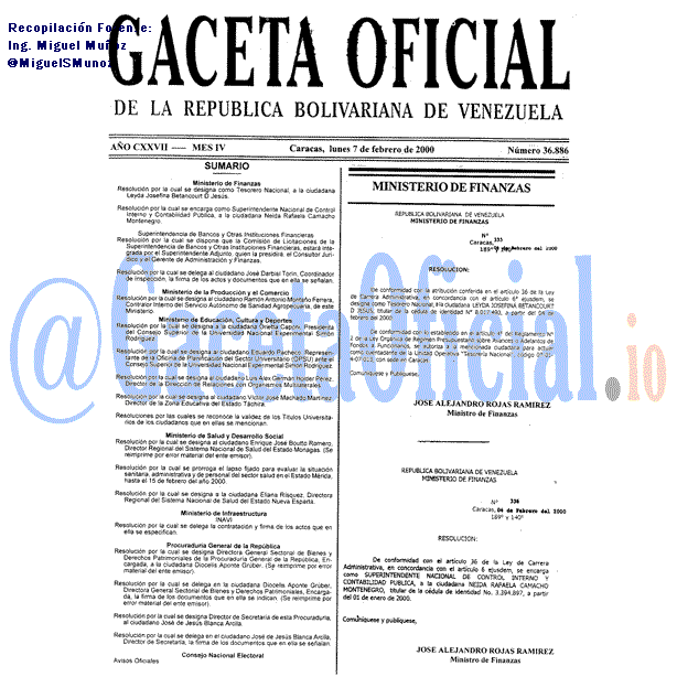 Gaceta Oficial 36886 del 7 Febrero 2000