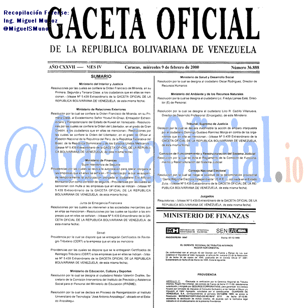 Gaceta Oficial 36888 del 9 Febrero 2000