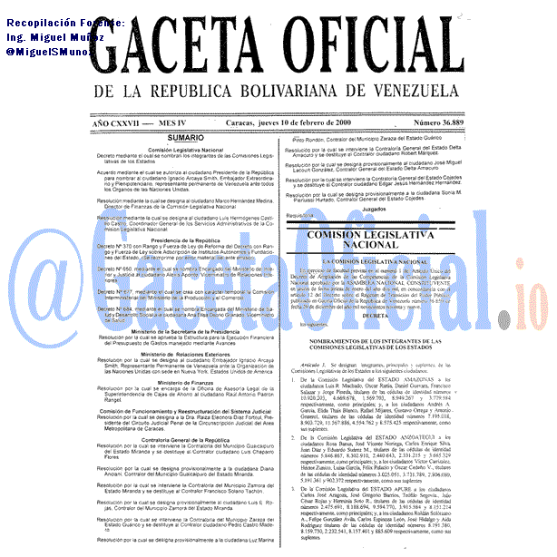 Gaceta Oficial 36889 del 10 Febrero 2000