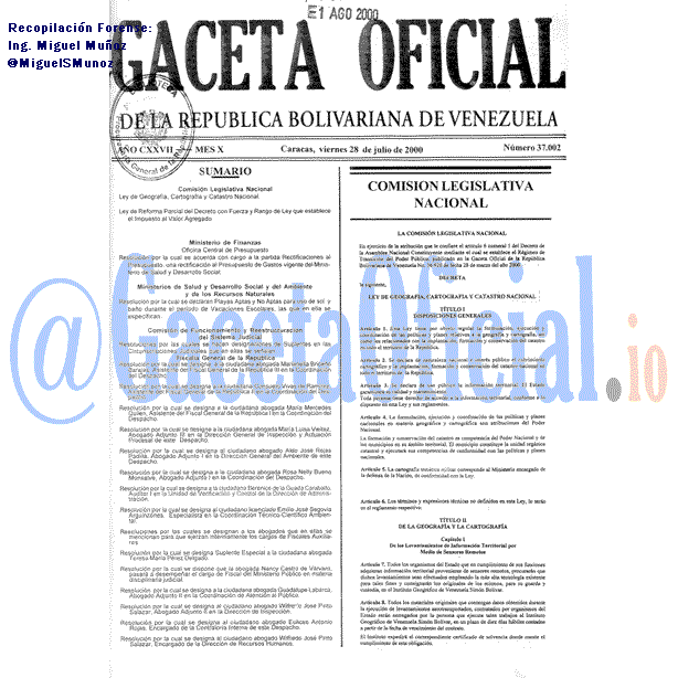 Gaceta Oficial de Venezuela #37002 del viernes 28 julio 2000 Gaceta Oficial 37002 del 28 Julio 2000
