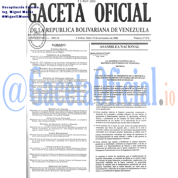 Gaceta Oficial 37076 del 13 Noviembre 2000