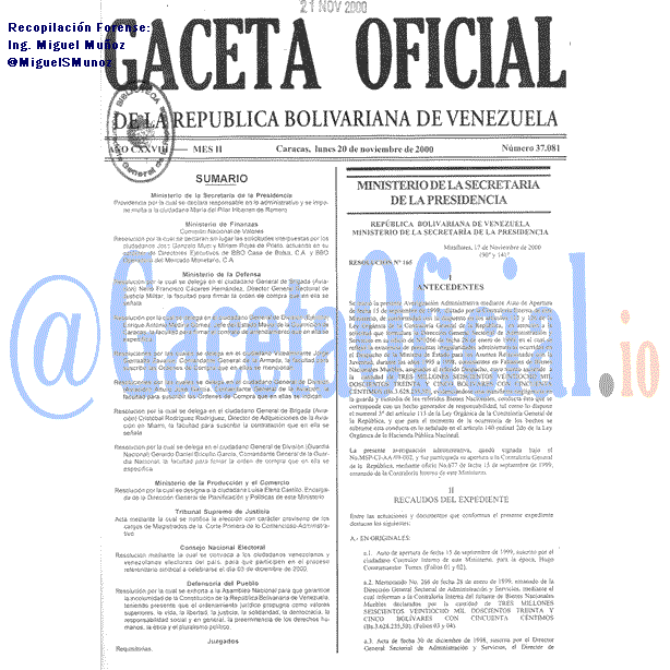 Gaceta Oficial 37081 del 20 Noviembre 2000