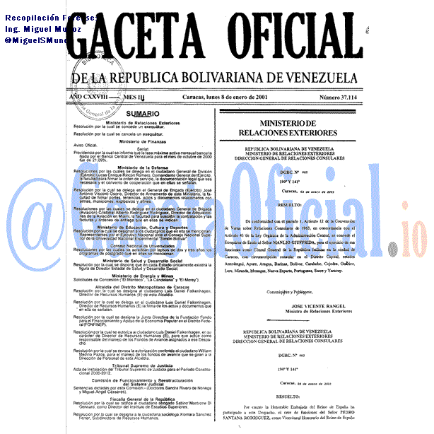 Gaceta Oficial 37114 del 8 Enero 2001