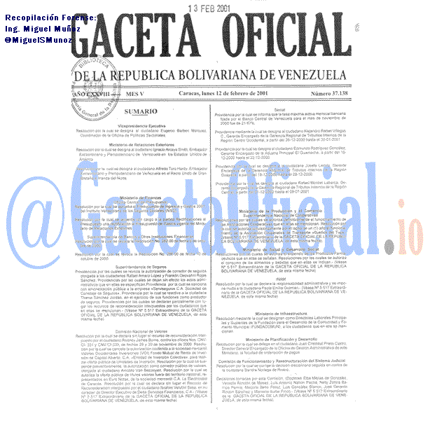 Gaceta Oficial 37138 del 12 Febrero 2001