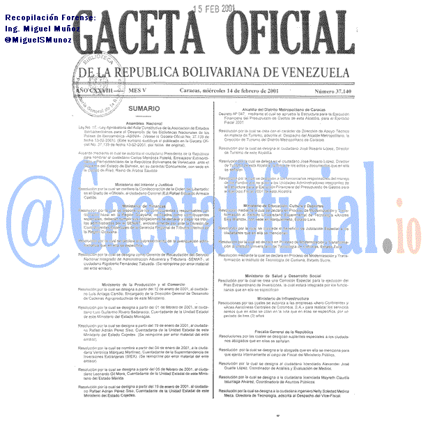 Gaceta Oficial 37140 del 14 Febrero 2001