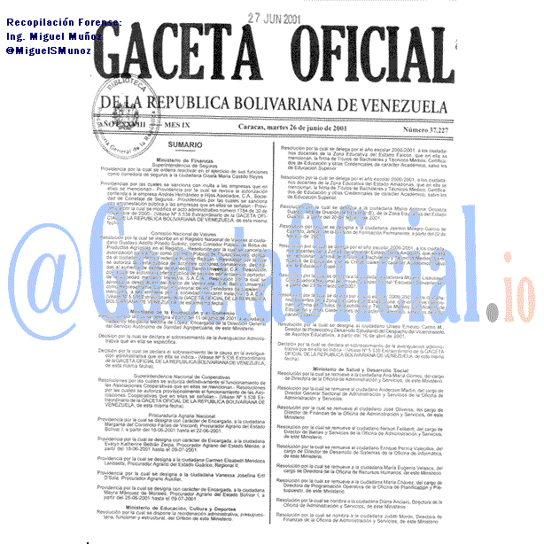 Gaceta Oficial 37227 del 26 Junio 2001