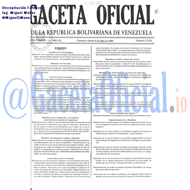 Gaceta Oficial 37234 del 6 Julio 2001