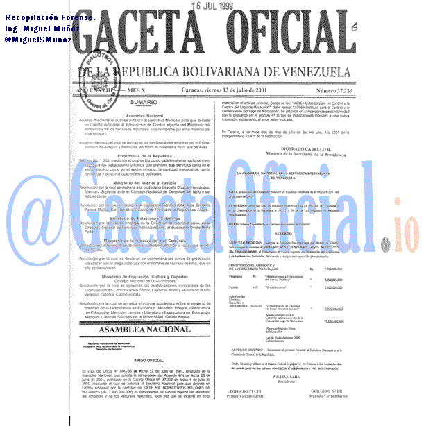 Gaceta Oficial 37239 del 13 Julio 2001