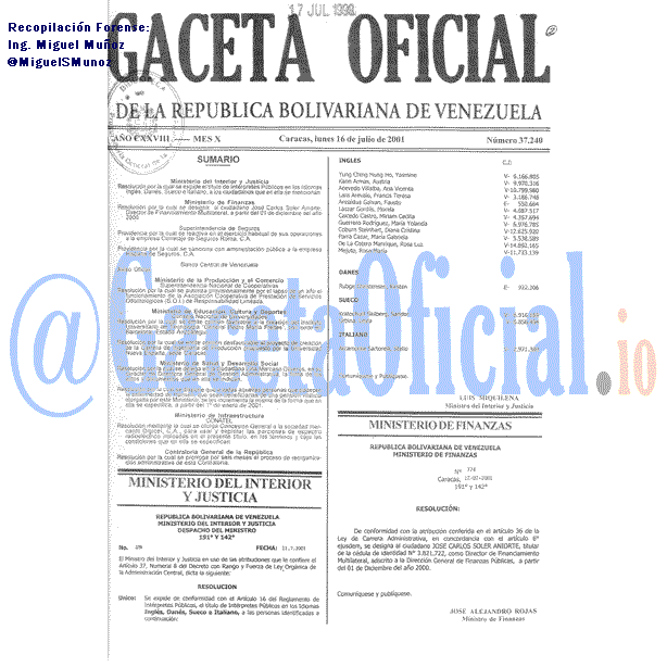 Gaceta Oficial 37240 del 16 Julio 2001