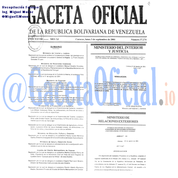 Gaceta Oficial 37274 del 3 Septiembre 2001