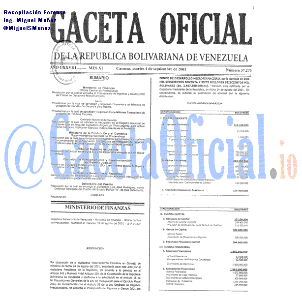 Gaceta Oficial 37275 del 4 Septiembre 2001