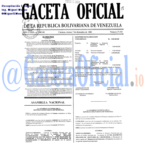 Gaceta Oficial 37341 del 7 Diciembre 2001