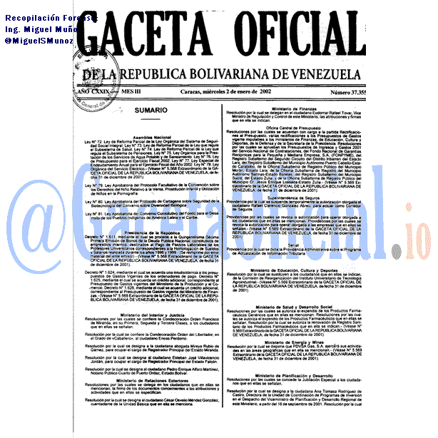 Gaceta Oficial 37355 del 2 Enero 2002