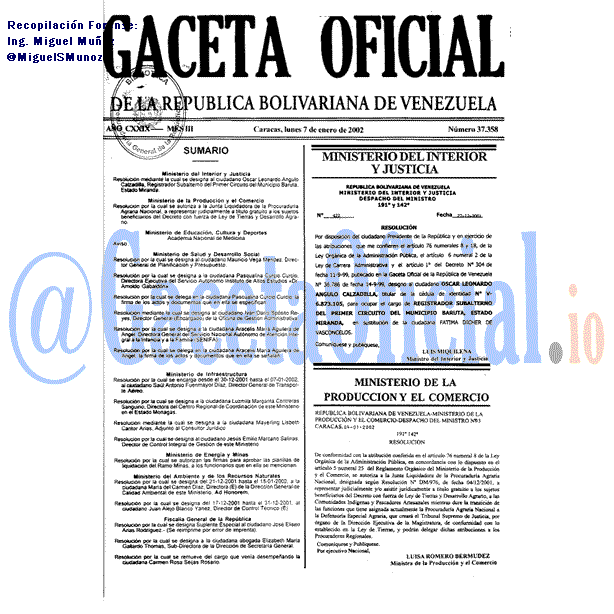 Gaceta Oficial 37358 del 7 Enero 2002