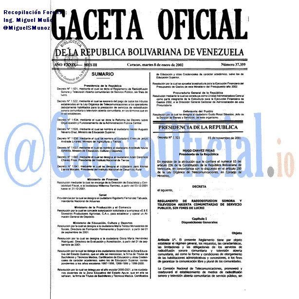 Gaceta Oficial 37359 del 8 Enero 2002